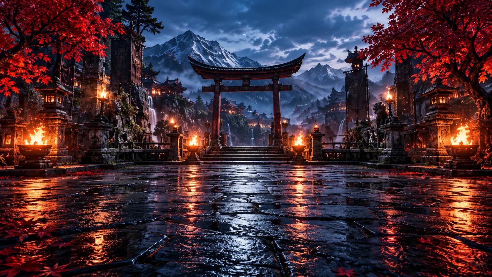 A torch-lit fighting arena beneath snowy mountains