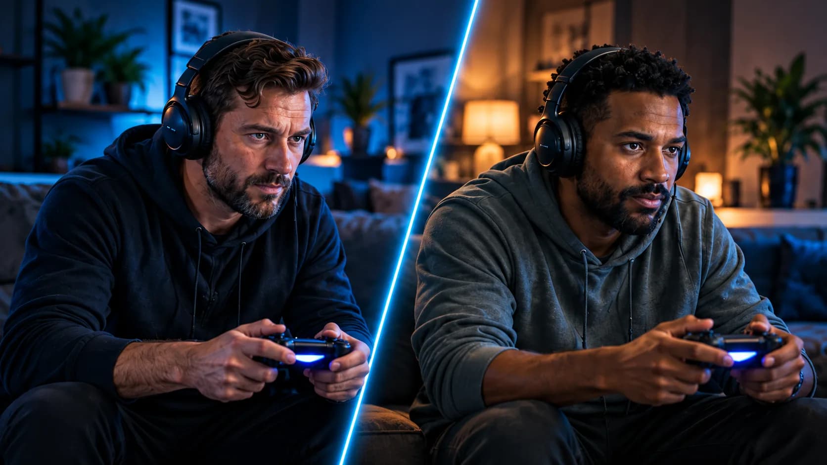 Two players in headsets, each holding a controller, facing off in a head-to-head match