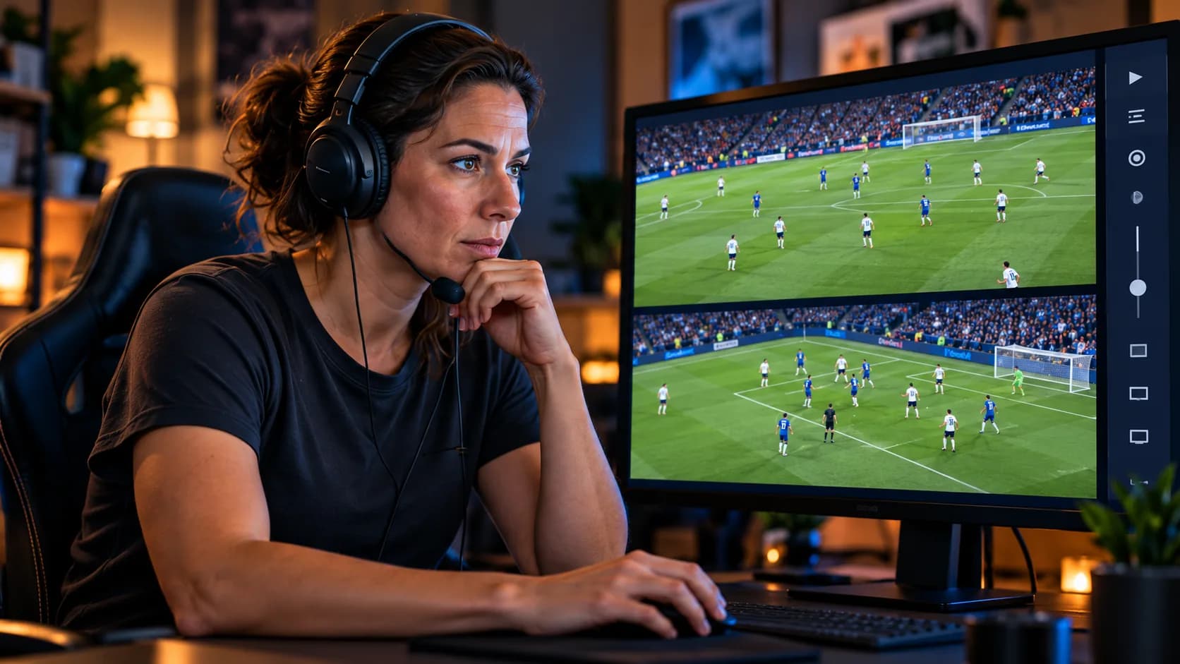 A referee in a headset watching both players' streams side by side